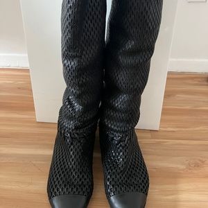 Chanel moccasin style razor cut leather boots with lace up back closure size 39